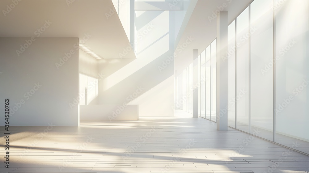 Poster an empty modern room with white walls and large windows, perfect for creative design and residential