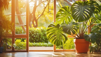 Fototapeta premium A large Philodendron with sprawling leaves, placed in a bright sunroom, focusing on the plant’s lush, green foliage and the airy, light-filled setting of the room.