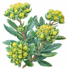Obraz premium Botanical illustration of Rhodiola rosea with green leaves and yellow flowers. Detailed plant drawing on a white background. Ayurveda. Ayurvedic herbs. Generative AI