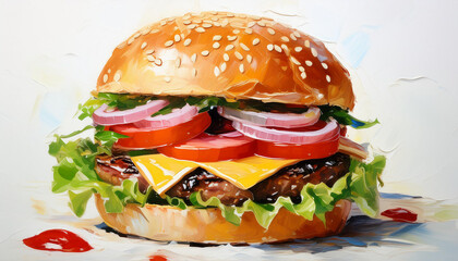 Oil painting of juicy burger. Rich textures, bold brush strokes. Tasty fast food. White backdrop.