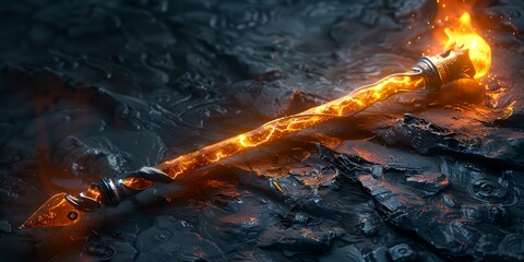 Naklejka premium A glowing, fiery staff is on a rocky surface. The image has a dark, ominous mood, with the fire and the rocky terrain creating a sense of danger and mystery