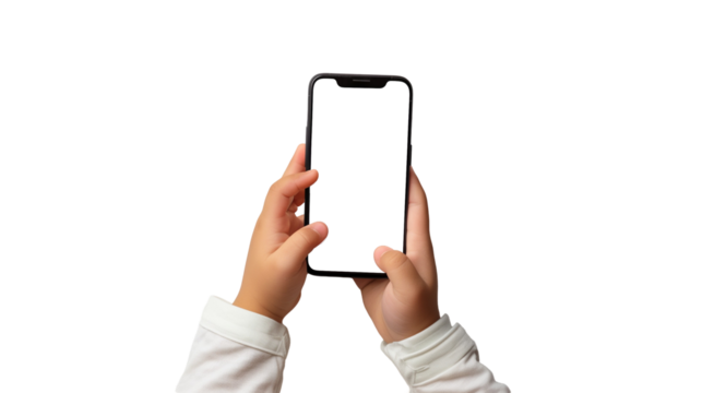 Child's Hands Holding Smartphone Isolated on White PNG Transparent Background