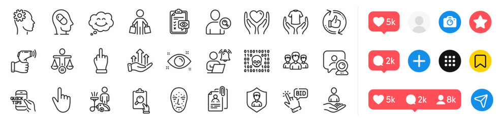 Health eye, Eye checklist and Smile line icons pack. Social media icons. Group, Depression treatment, Electronic thermometer web icon. Engineering, Hold heart, Find user pictogram. Vector