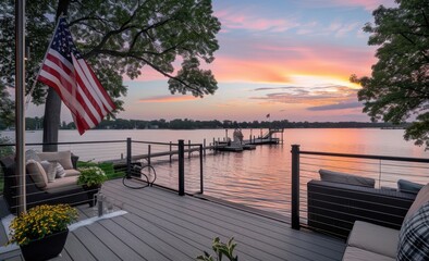 A beautiful lakehouse patio deck overlooking the water with an American flag, modern couches and plants  The sky is pink and orange at sunset Generative AI