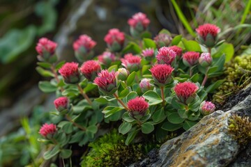 Photograph of Rhodiola rosea with vibrant pink flowers and green leaves growing on rocky terrain. Ayurveda. Ayurvedic herbs. Generative AI