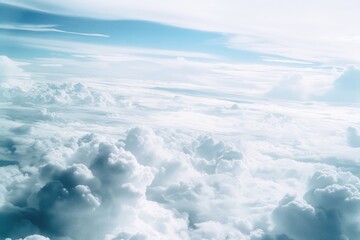a sky with clouds and a plane, dreamy, pastel-colored cloudscape as seen from above