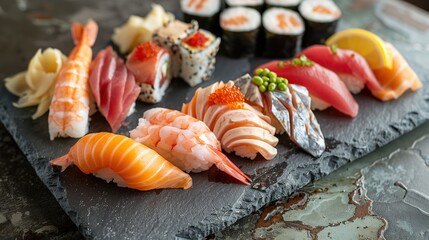 Sushi set on a black background top view Japanese food Sushi set on a black plate on a Black background top view Ai Generated