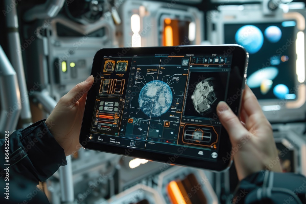 Leinwandbilder a person holding a cell phone in their hand, floating tablet displaying live streaming of an outer s