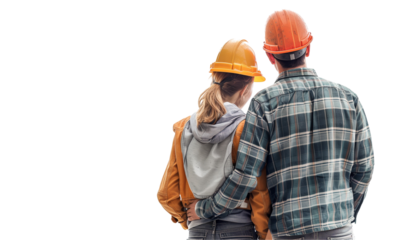Couple in Construction Attire Back View Isolated on White PNG Transparent Background