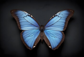 Obraz premium Blue morpho type butterfly on dark surface, black background 