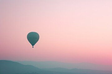 a hot air balloon flying over a valley, pastel skyline with a hot air balloon in the distance