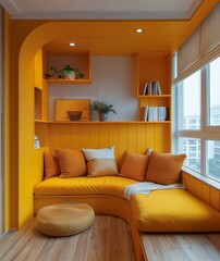 Cozy yellow corner with built-in seating, shelves, and a large window