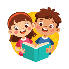 Cartoon happy kids reading a book vector