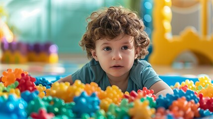 Fototapeta premium A child playing with colorful sensory toys, highlighting sensory processing differences in autism.