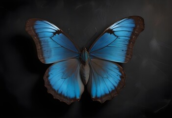 Fototapeta premium Blue butterfly on dark surface, black background 