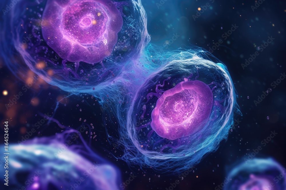 Poster a group of cells that are in the air, cell division process in surreal style