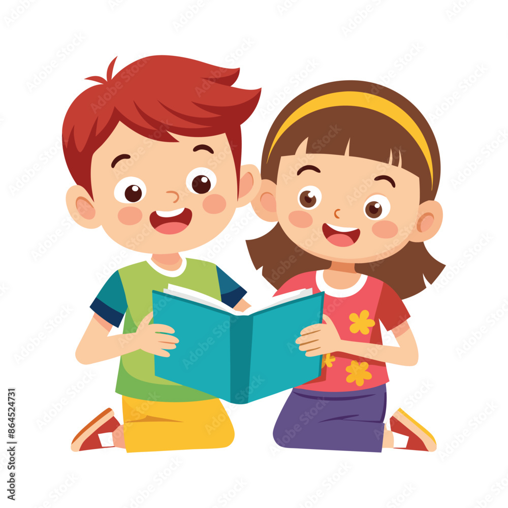 Wall mural cartoon happy kids reading a book vector