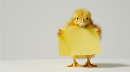 Photo small yellow chicken on white background holding a blank piece of paper, animal protection concept, animal keeping