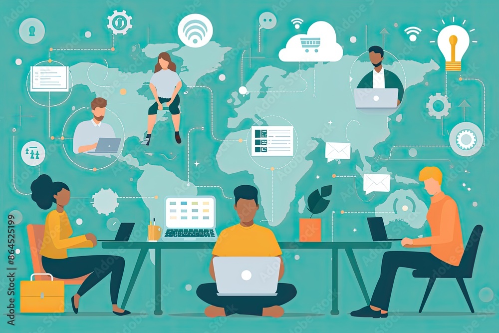 Aufkleber people sitting at a table with laptops and a world map, Composite of people working remotely on various devices like laptops, tablets, and phones highlighting productivity and convenience