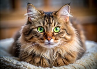 Adorable Kurilian Bobtail cat with fluffy fur and bright green eyes gazes directly at the camera, showcasing its stunning features in a cozy interior setting.