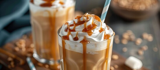Refreshing and sweet coffee drink made with iced caramel latte, topped with whipped cream and caramel sauce