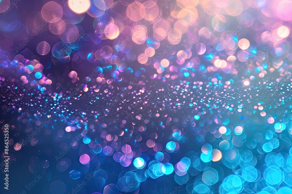 Poster a blurry background with a blue and purple color, background with holographic glitter and bokeh ligh