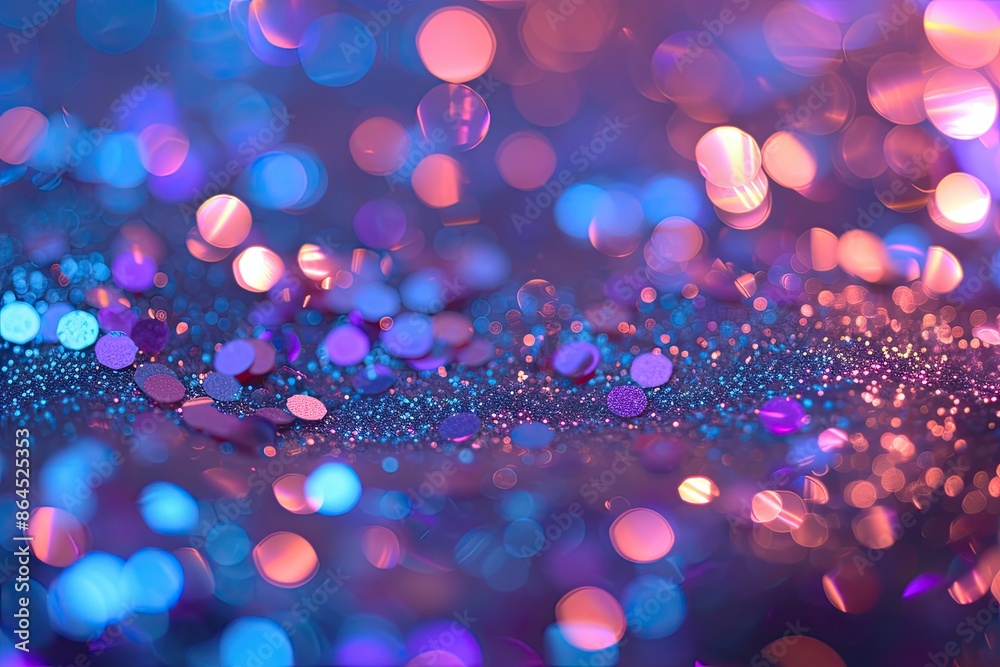 Poster a blurry background with a blue and purple color, background with holographic glitter and bokeh ligh