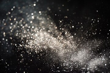 a black and white photo of a snow covered ground, dazzling silver glitter explosion on a dark night sky