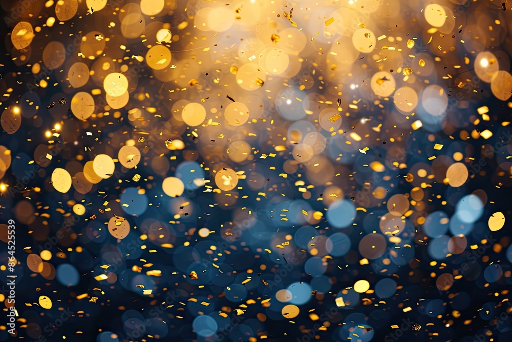 Poster glamorous gold confetti party with soft bokeh lights