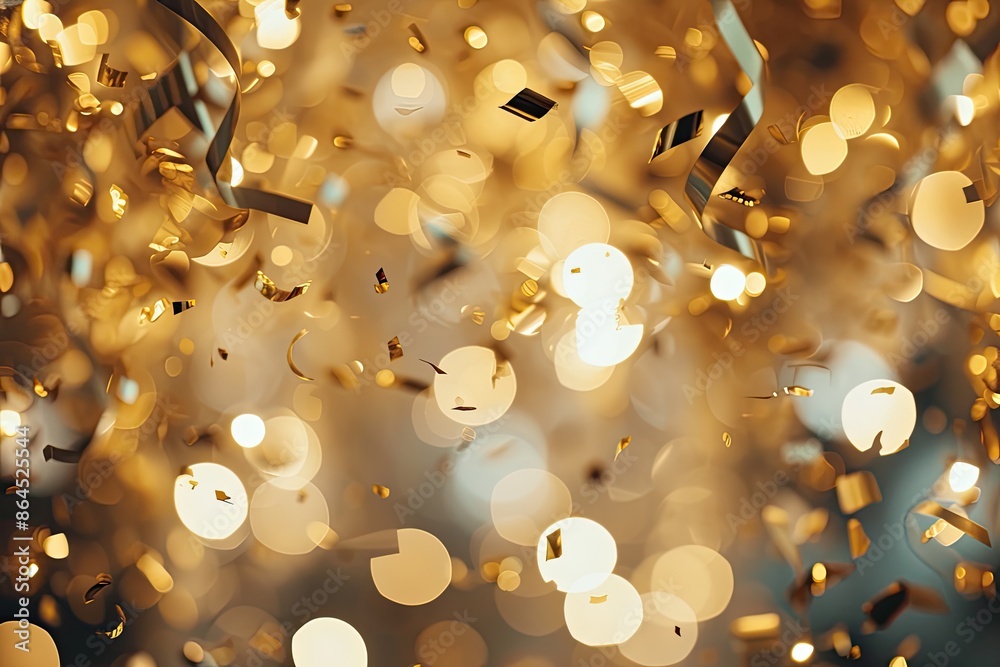 Poster glamorous gold confetti party with soft bokeh lights