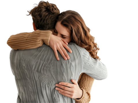 Loving Couple Hugging Back View, Tender Embrace Isolated on Transparent Background