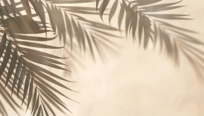 Obraz premium palm tree shadows on white background, tropical leave shadows on beige background, banner