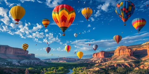 High-Quality Wide Photograph of Vibrant Hot Air Balloons over Scenic Landscape for Adventure and Travel Inspiration, Array of Colorful Hot Air Balloons Floating Above Beautiful Landscape at Sunrise
