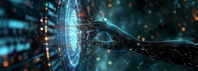 Artificial intelligence robot hand interacting with digital brain interface in a futuristic setting