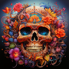 colorful skull illustration with flowers around