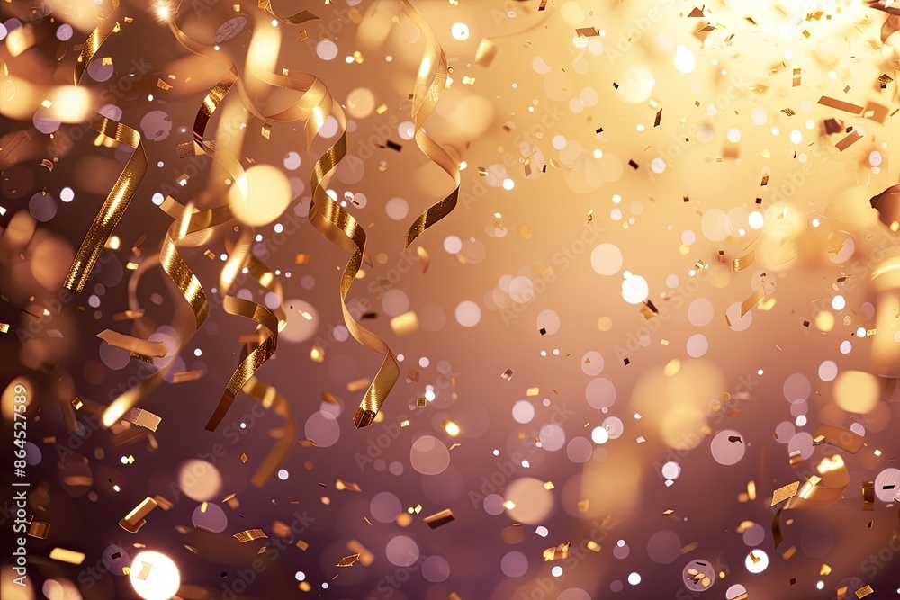 Aufkleber a desk with a computer, plant and a lamp, illustrate a background with falling gold confetti and spa