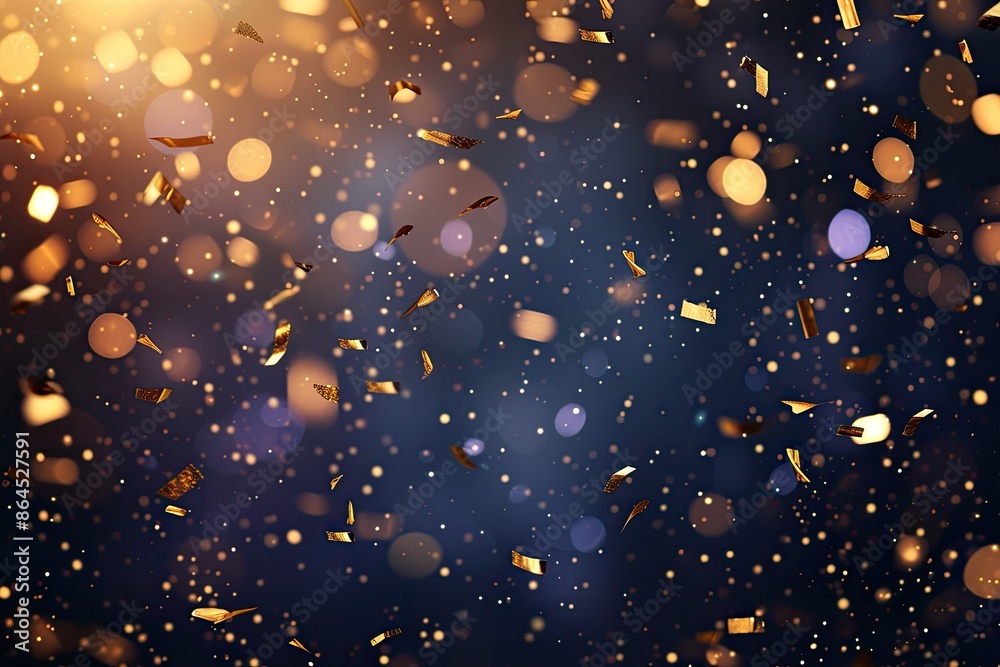 Aufkleber a desk with a computer, plant and a lamp, Illustrate a background with falling gold confetti and sparkling fairy lights