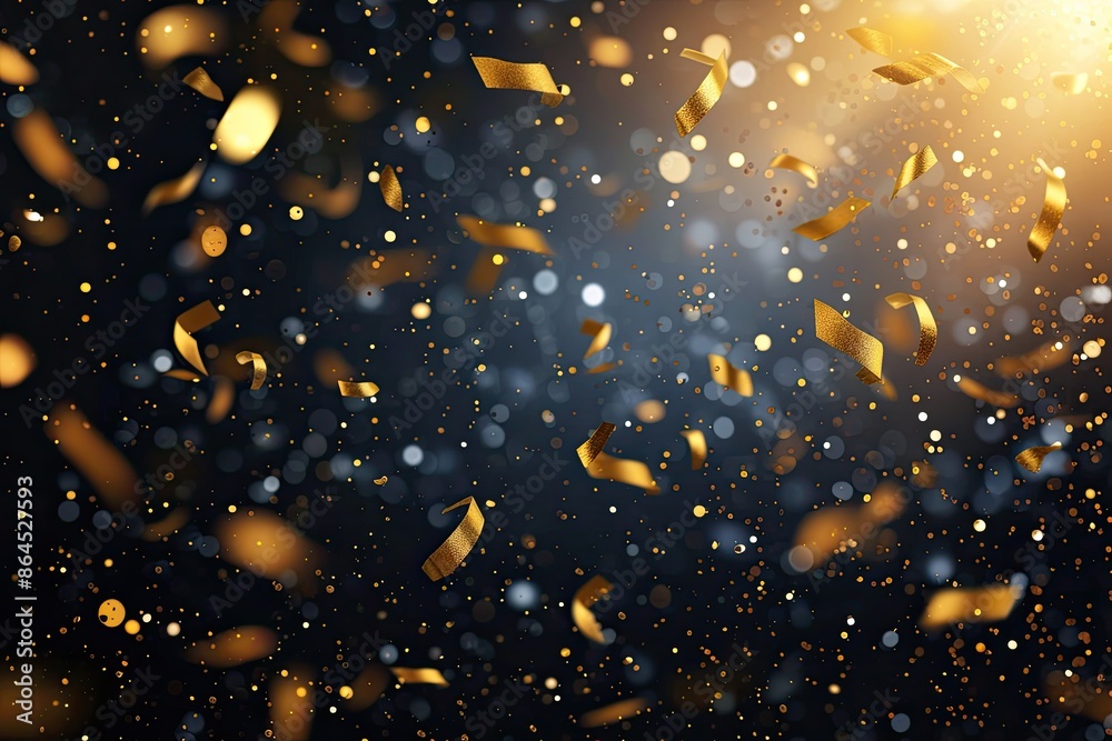 Aufkleber a desk with a computer, plant and a lamp, Illustrate a background with falling gold confetti and sparkling fairy lights
