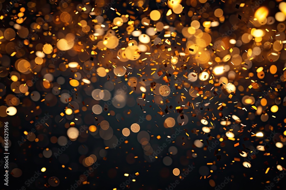 Aufkleber a desk with a computer, plant and a lamp, illustrate a background with falling gold confetti and spa