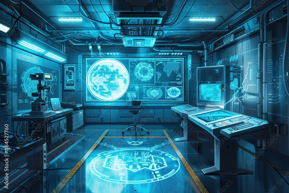 Aufkleber a room with a large screen and a keyboard, illustrate a futuristic laboratory with high-tech equipme