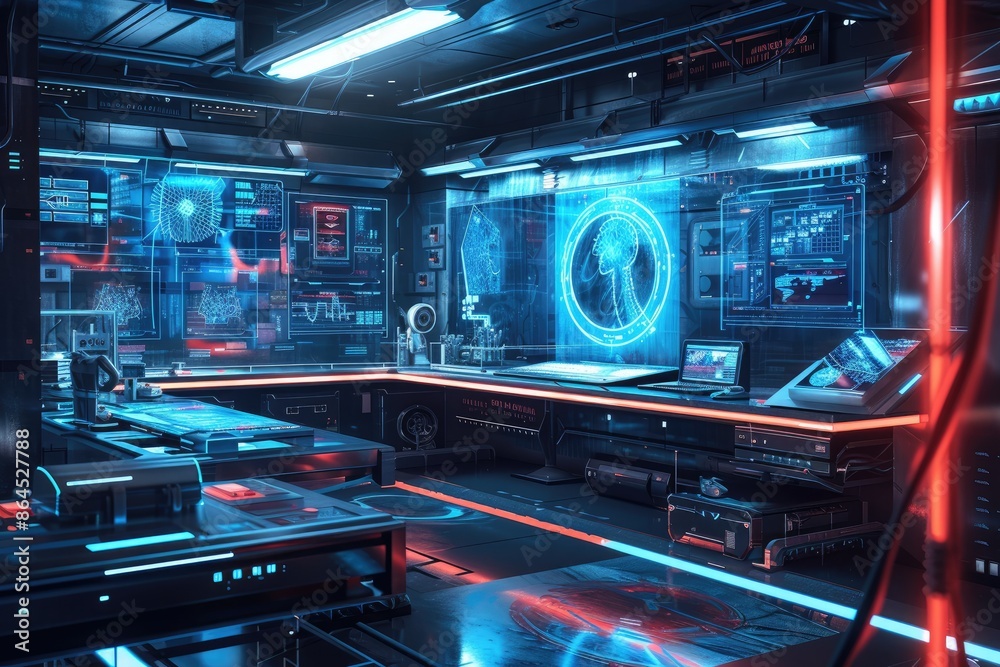Aufkleber a room with a large screen and a keyboard, illustrate a futuristic laboratory with high-tech equipme