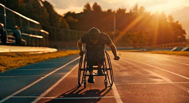 Paralympian in a wheelchair on a track at a stadium