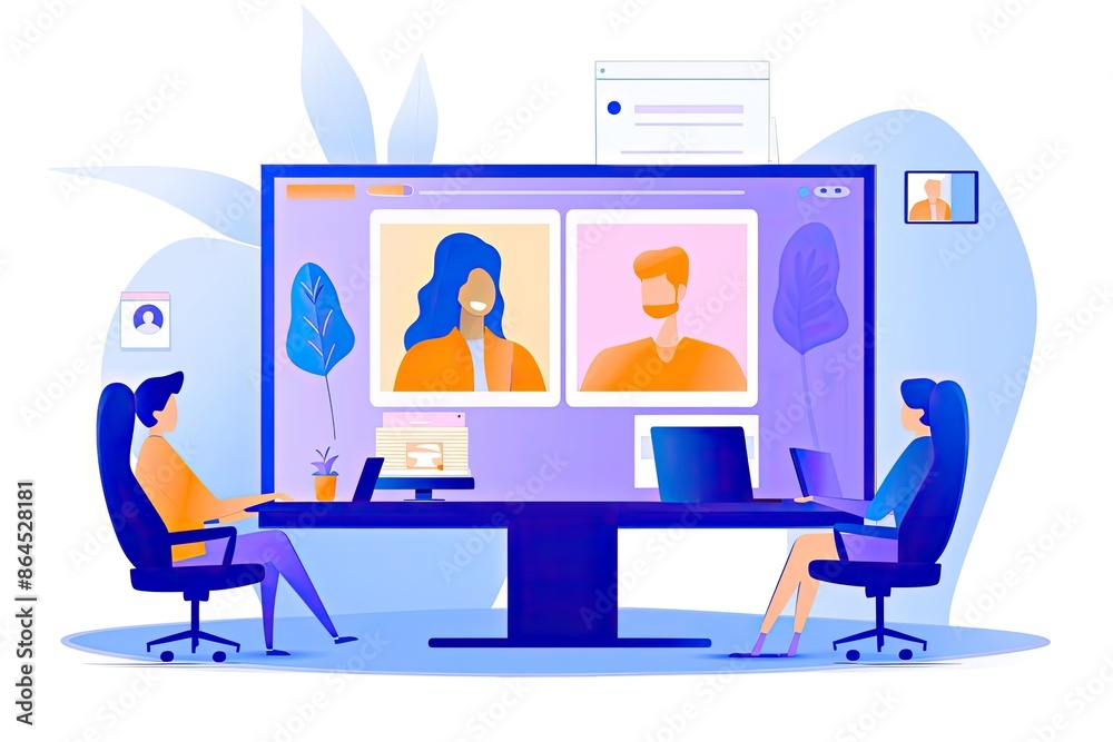 Poster a group of people sitting at a table with a computer screen, illustration of employees gathering in 