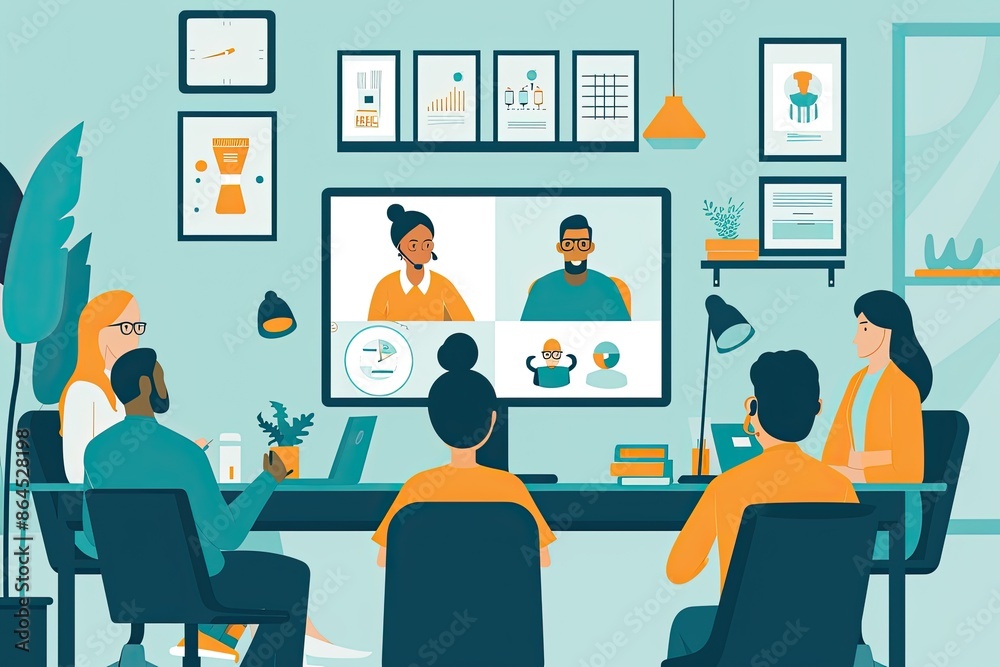 Aufkleber a group of people sitting at a table with a computer screen, illustration of employees gathering in 