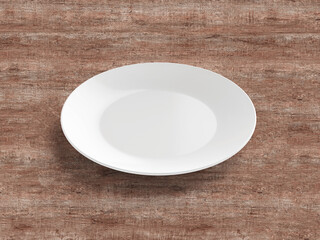 3D Illustration. White plate isolated on wooden background.