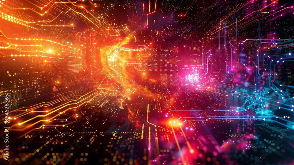 Poster Futuristic technology, abstract networks. Digital communication, information concepts. Space computing, cyberspace structures. Modern business, electronic designs. Light systems,