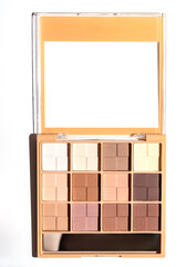 Set of nude eyeshadows in beige case on white background. Top view , copy space. Make up