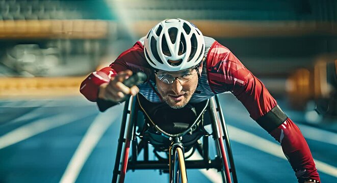 Paralympian in a wheelchair on a track at a stadium