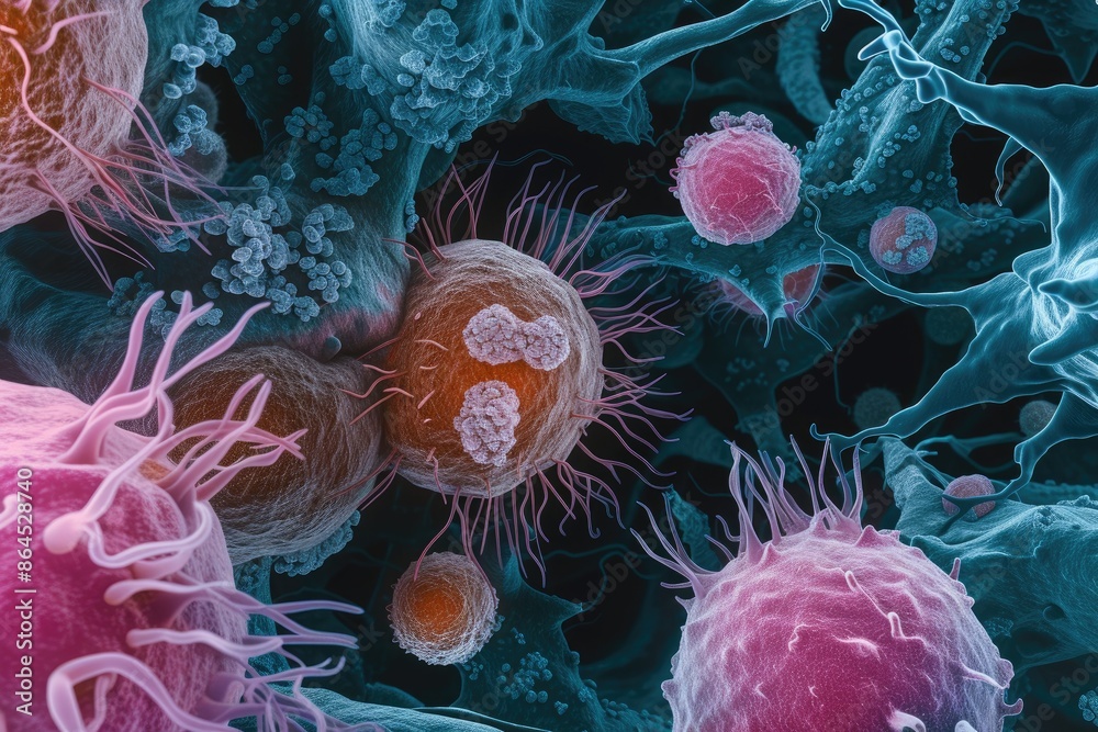 Aufkleber a group of cells that are in a cell, Microscopic view of cancer cells invading healthy tissue