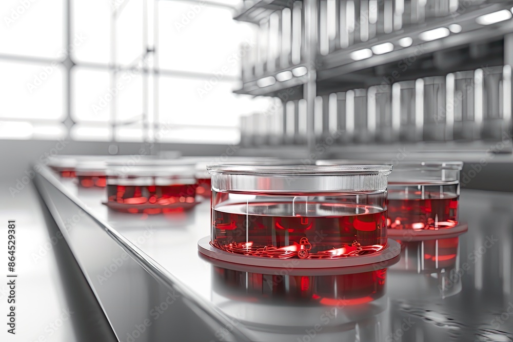 Poster a row of red liquid in a laboratory, showcase the elegance of a 3d-rendered biological assay